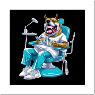 An English Bulldog sitting in front of a dentist's chair, wearing a blue surgical mask Posters and Art